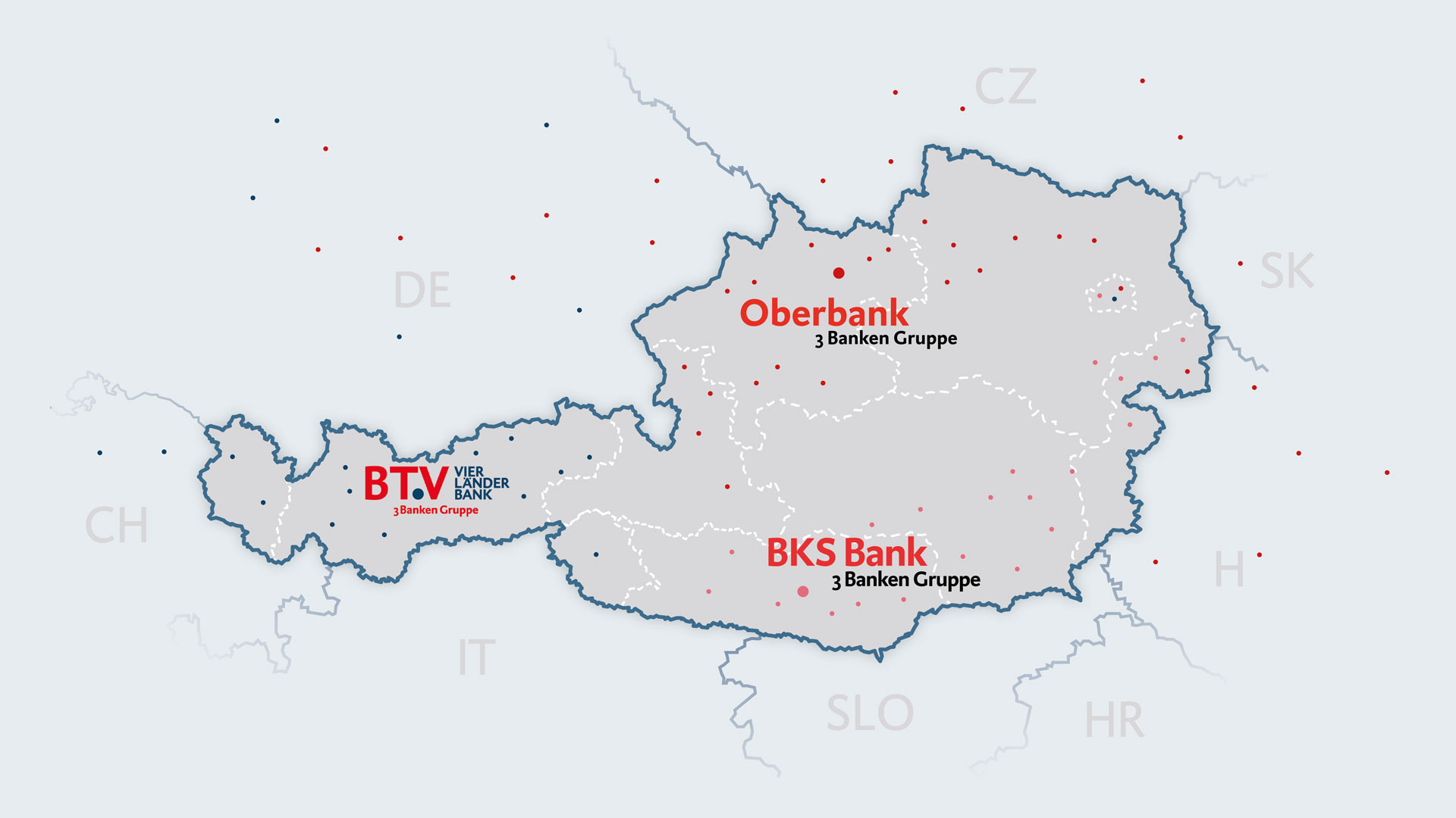 Landkarte von Österreich mit den Logos der BTV, Oberbank und BKS Bank, um deren Marktgebiet zu visualisieren. Abgebildet sind Logos der BTV, Oberbank und BKS Bank, um deren Marktgebiet zu visualisieren.
