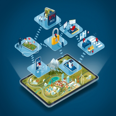 Illustration, auf der ein Tablet mit Landschaft sowie sieben Elemente zu sehen sind, die wichtige Aspekte eines Business Bankings darstellen.