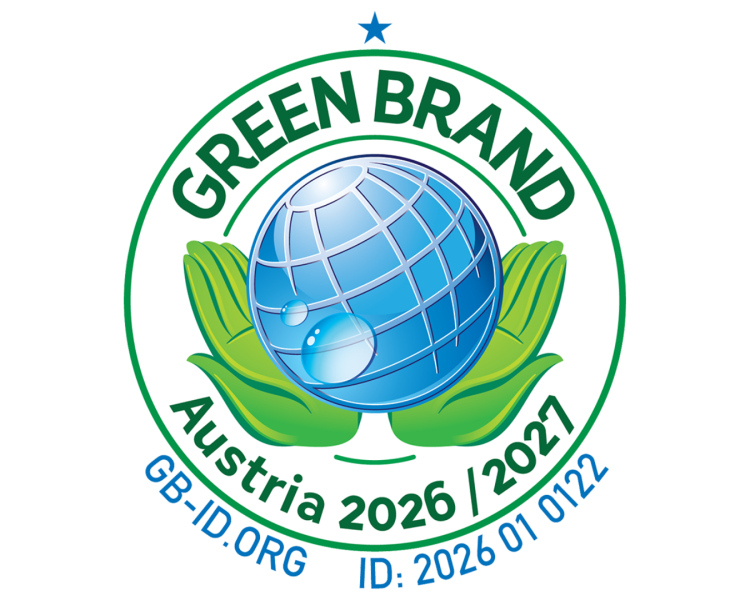 Zwei Hände halten eine Kugel fest. Logo Green Brand Austria 2026/2027 mit folgender Zusatzinformation GB-ID.ORG ID: 2026 01 0122