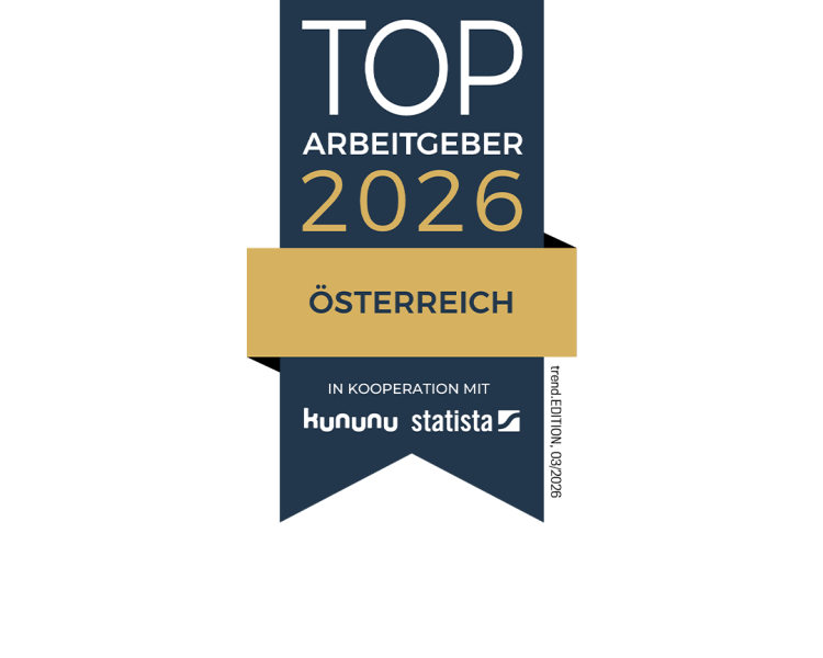 A dark blue seal with the following text: trend. TOP Employer 2025 Austria in cooperation with kununu, statista