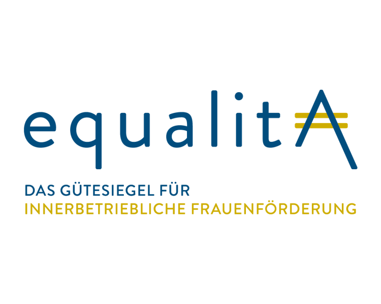 Ein Bild mit hellblauem Hintergrund und folgendem Text im Bild: equalitA, das Gütesiegel für innerbetriebliche Frauenförderung