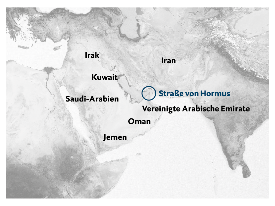 Landkarte der Arabische Staten. Spezifisch genannt werden: Irak; Iran; Kuwait; Saudi-Arabien; Oman; Vereinigte Arabische Emirate; Jemen;. Die Straße von Hormus wird auch im Bild genannt.