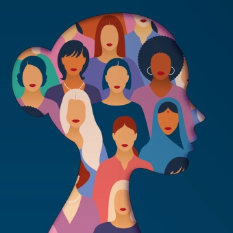 Grafik mit dunkelblauem Hintergrund und einem Frauenkopf. Im Frauenkopf sind unterschiedliche Frauen grafisch dargestellt.