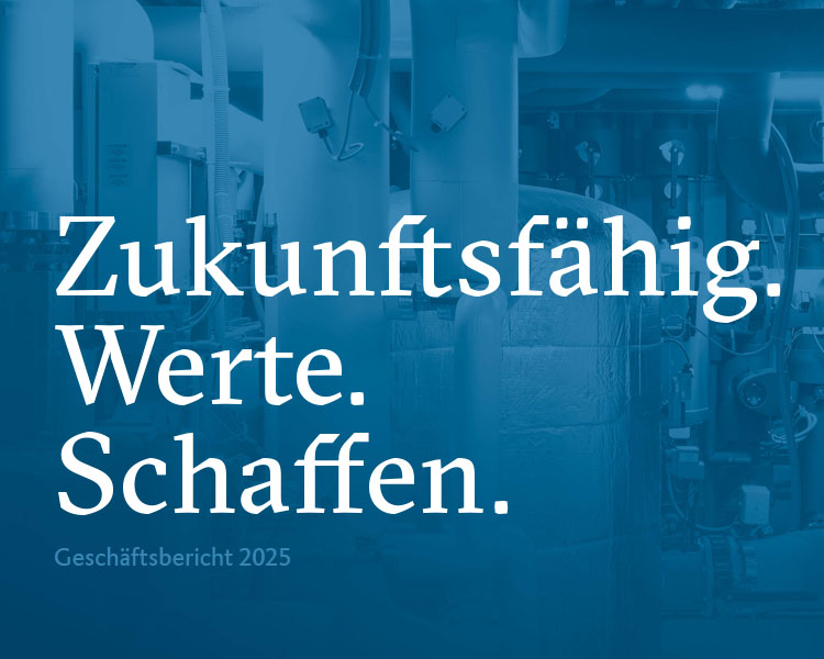 Bild mit blauem Hintergrund und weißer Schrift. Folgender Text befindet sich auf dem Bild: Zukunftsfähig. Werte. Schaffen. Geschäftsbericht 2025