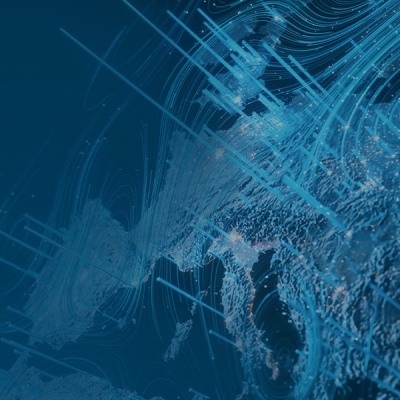 Abstrakte blaue Darstellung einer Weltkarte mit dynamischen Linien und Datenströmen, die globale Vernetzung und Bewegungen an den Kapitalmärkten visualisiert