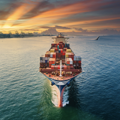 Ein großes Containerschiff fährt aus einem Hafen hinaus, vorbei an Kränen und Lagerflächen.