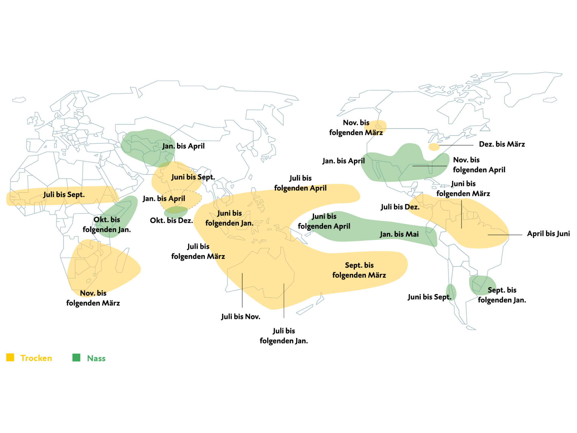  Weltkarte mit den erwarteten Auswirkungen von El Niño. Gelb markierte Regionen zeigen trockenere, grün markierte Regionen nassere Wetterbedingungen sowie die jeweiligen Zeiträume des Auftretens. Für weitergehende Informationen kontaktieren Sie bitte meineBTV@btv.at
