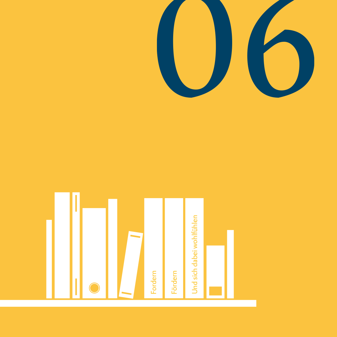 Illustration in Gelb mit der Zahl 06 in Dunkelblau und Bücher in Weiß