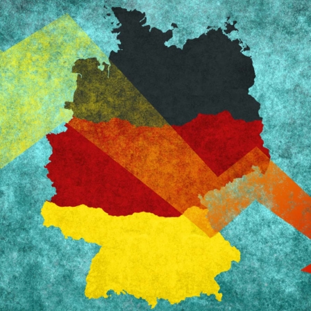 Grafik zeigt Deutschland in den Farben der deutschen Flagge und einen Pfeil nach unten wegen absteigender Konjunktur
