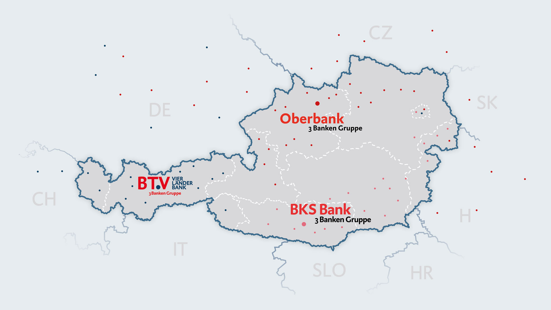 Laendkarte von Österreich mit den Logos der BTV, Oberbank und BKS Bank, um deren Marktgebiet zu visualisieren.